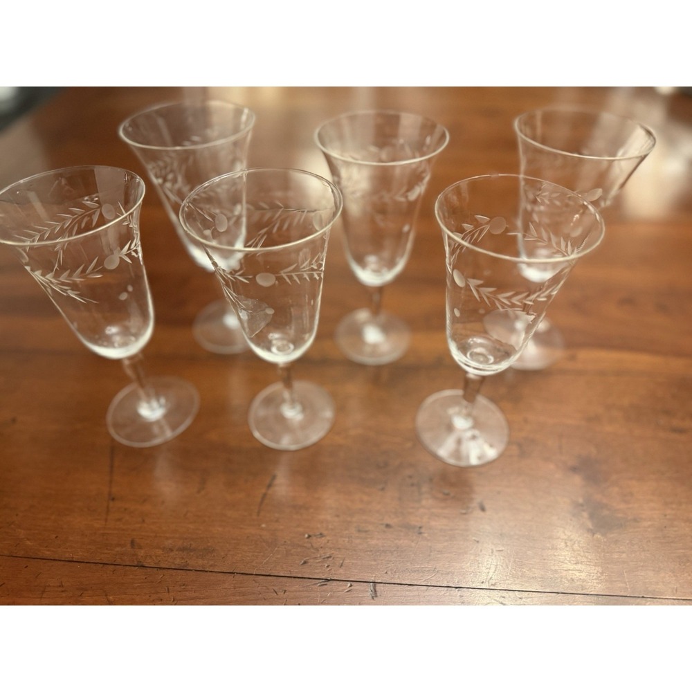 Set of 6 Vintage Pioneer Glass "Willow Moon" Water Goblets 6.5" Tall Wine Glass